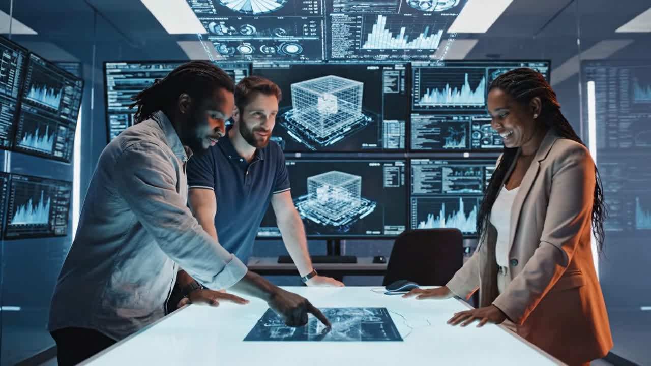 Diverse team analyzing data on innovative control room monitors