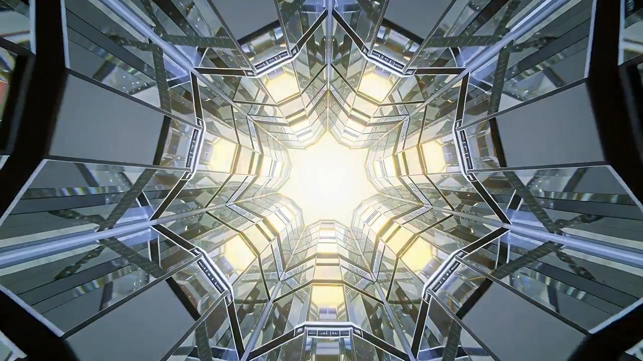 Telecamera che scorre mostrando moduli radiali che si muovono verso un bagliore centrale nell'atrio, con pannelli di vetro e metallo.