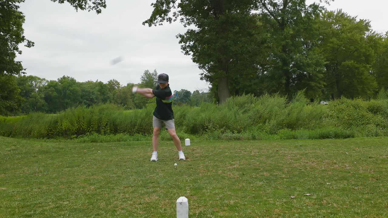 Male golfer reacts with anger after a poor golf swing on a lush course. Sports footage showcasing frustration, competitive energy, and emotional response during gameplay