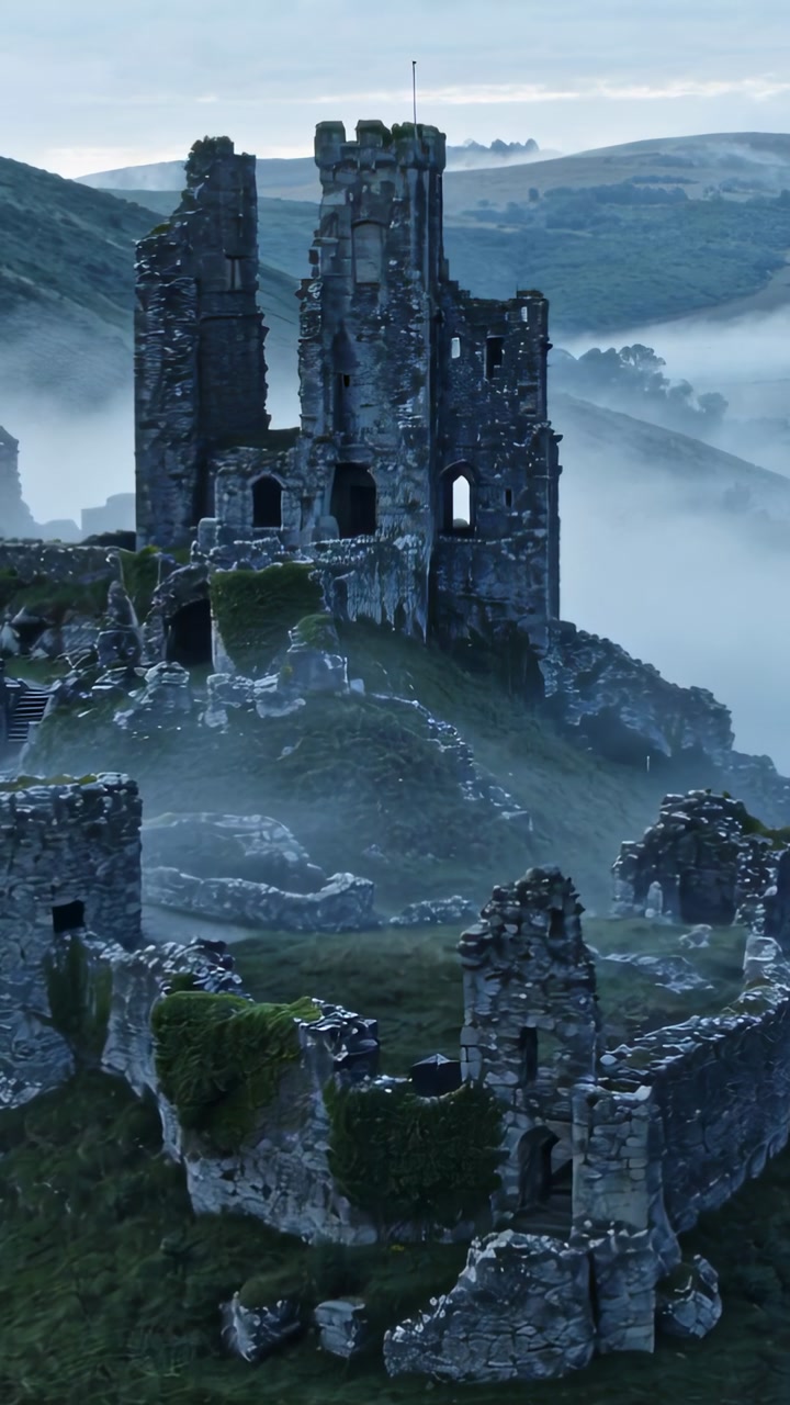 Vertical video: Opening drone revealing castle tower on rocky hill, showing stone detail and mist
