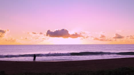 La-Pareja-Con-Efecto-De-Tablero-De-Ajedrez-Con-Apariencia-De-Cómic-Mira-El-Amanecer-Híbrido-Timelapse-Con-Zoom,-Amanecer-Rápido-Con-Ondas-De-Velocidad-Regular