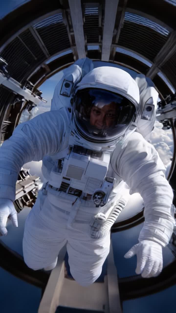 An astronaut floats in the vastness of space, captured in stunning detail, showcasing the extraordinary experience of zero gravity amidst clouds and equipment