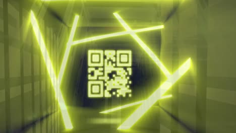 animation of qr code, neon lines, data processing over servers