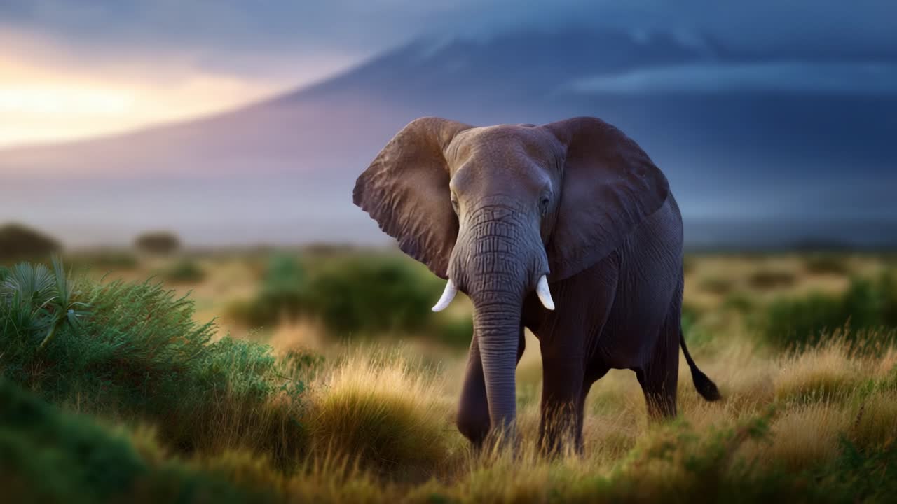 Majestic Elephants Roaming Gracefully in the Lush Savannah Under the Glorious Mountainous Landscape at Dusk, Showcasing Nature's Wonder and Beauty