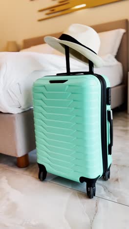 mint green suitcase in a hotel bedroom