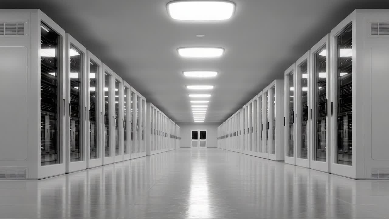 A Modern Data Center Environment Featuring Rows of Server Racks in an Expansive, Well-Lit Corridor with Smooth Flooring and Advanced Technology Infrastructure