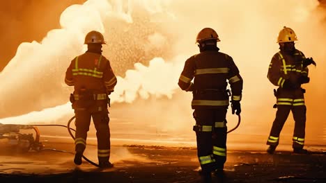 two firefighters battle a fire, one holding a hose and the other with a tool in hand