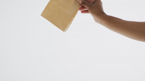 video de la mano sosteniendo una bolsa de papel para almorzar o fondo blanco