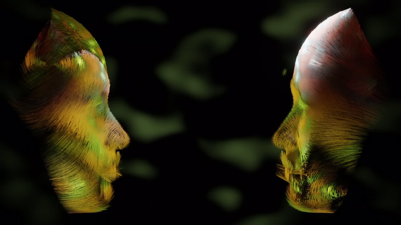 Two Abstract digital colorful human faces against each other. 3d Render.