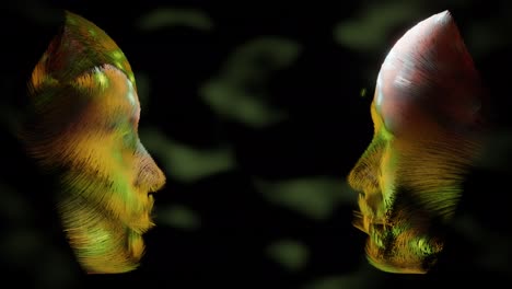 two abstract digital colorful human faces against each other. 3d render.