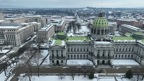 pennsylvania state capitol building on snowy day in harrisburg, pa