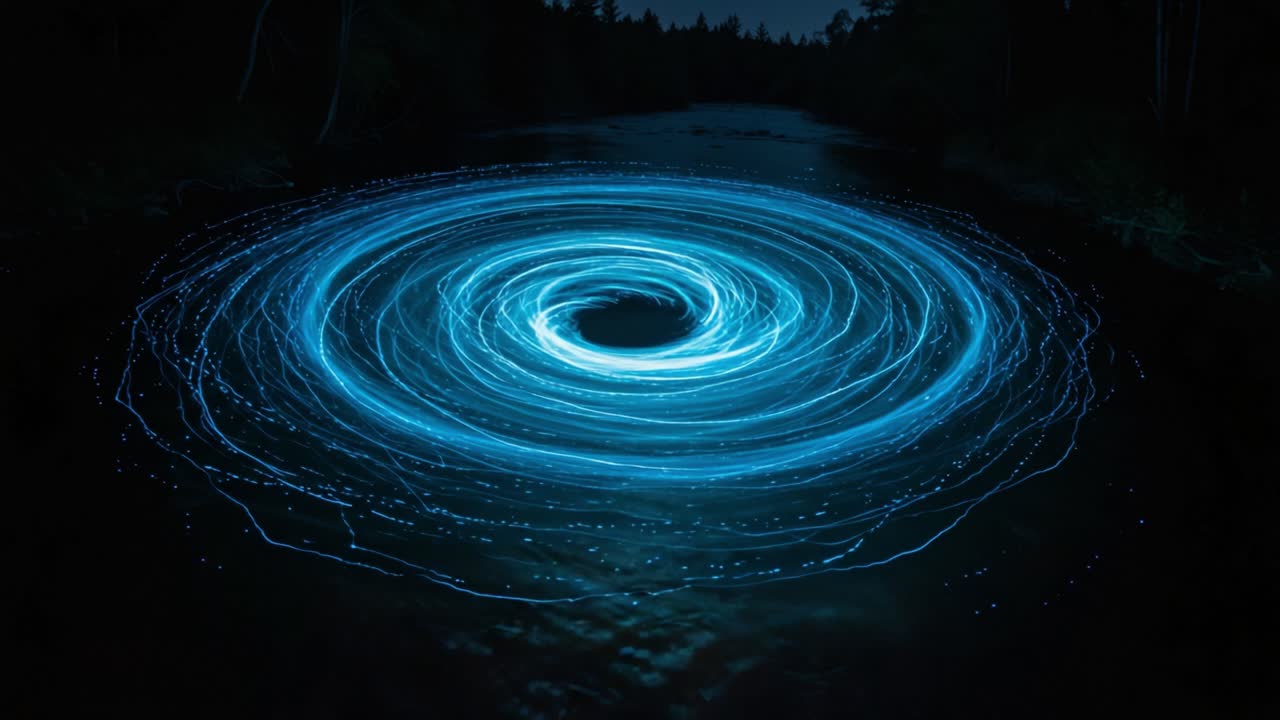 Captivating Swirling Light Patterns in a Mysterious Waterscape at Night, Featuring a Dazzling Blue Vortex with Intricate Lines Capturing the Essence of Motion and Light Trail Effects
