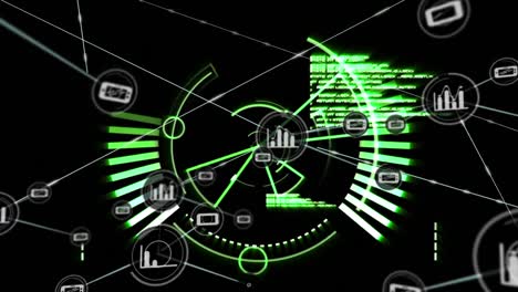 Animación-De-La-Red-De-Conexiones-Sobre-Escaneo-De-Alcance-Y-Procesamiento-De-Datos-Sobre-Fondo-Negro