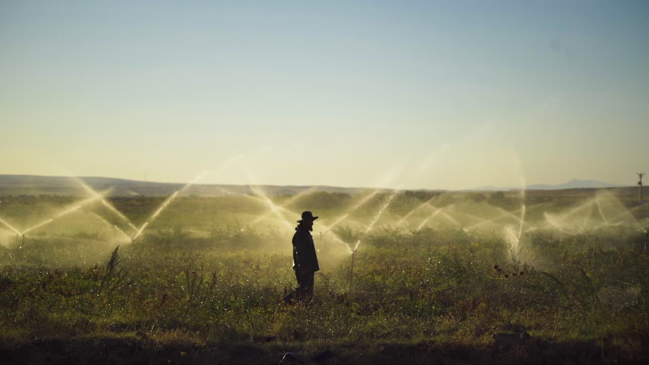 el agricultor que camina en el campo irrigado se moja. silueta del agricultor que camina en el campo.