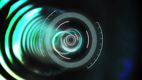 futuristic circular interface animation over abstract green and blue light streaks