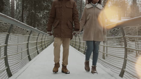 couple walking on a snowy bridge in winter forest