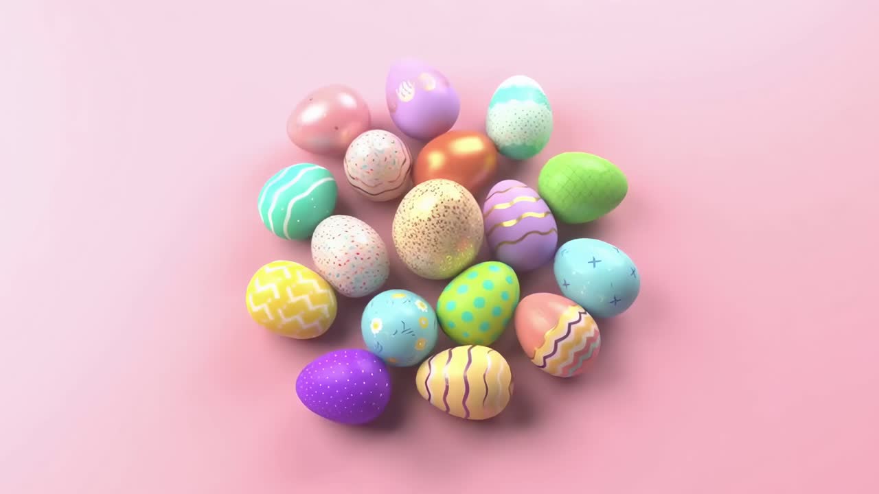 Top-down video of colorful Easter eggs on a pastel pink background, vibrant and festive