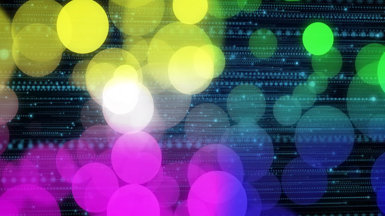 Animation of colorful bokeh lights over digital binary code background in school