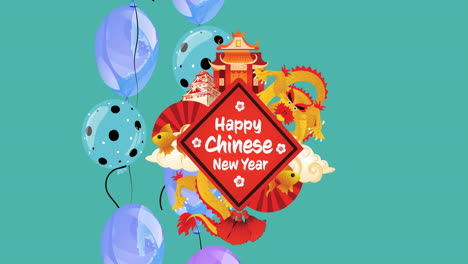 animación de feliz año nuevo chino texto sobre decoraciones
