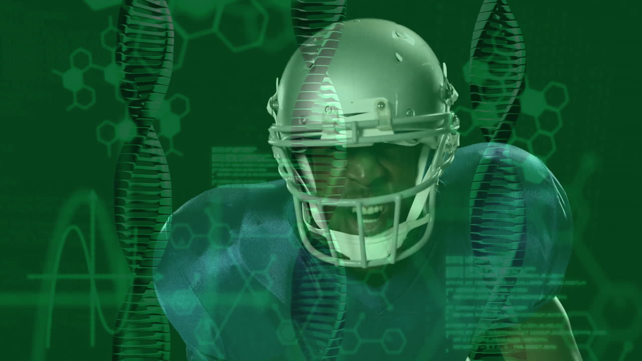 Football player wearing helmet with animation of DNA strands and scientific data