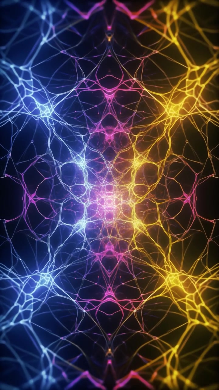 Animazione astratta e simmetrica di rete neurale con particelle luminose