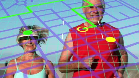 navigation map line scheme over caucasian senior couple running together outdoors