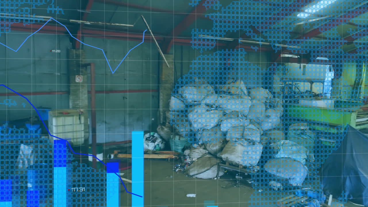 쌓인 가방과 함께 창고 위의 바 차트 및 그리드 애니메이션