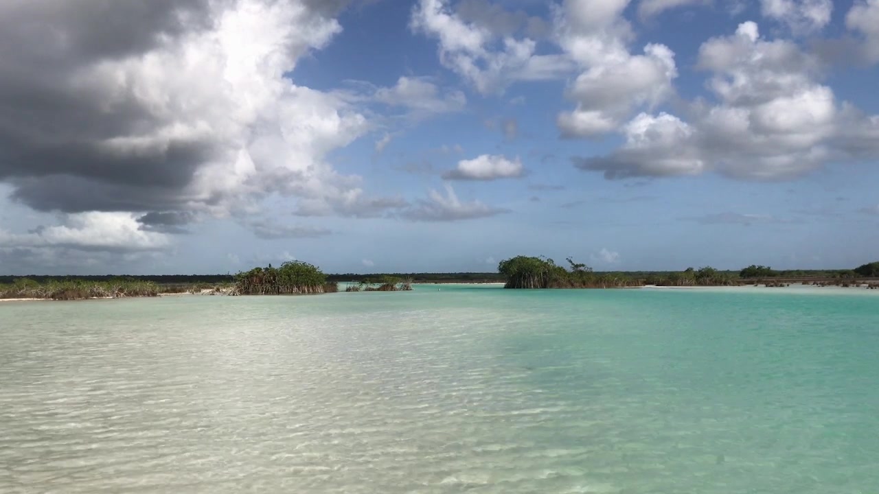 Krystallklart turkist vann i Piratkanalen i Bacalar-lagunen, Mexico