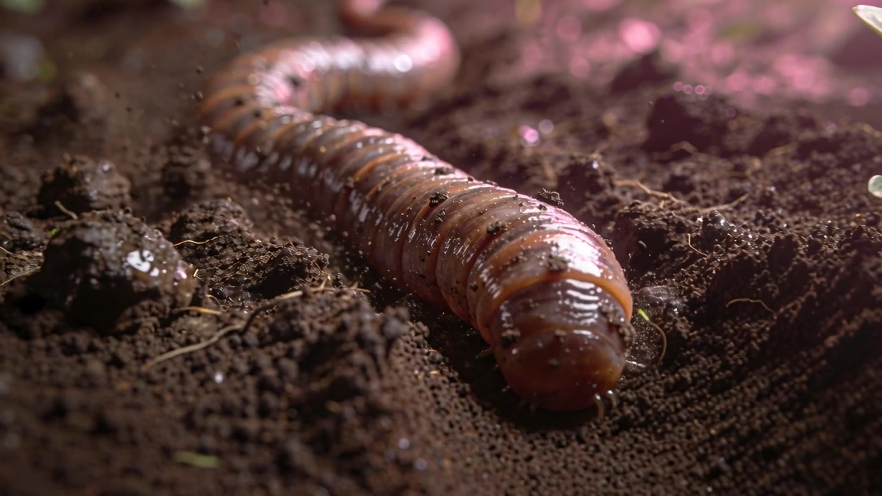 Una grossa larva segmentata che scava e si fa strada nel terreno del giardino, cercando fibre di radici.