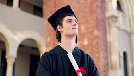 happy man, student and thinking in graduation