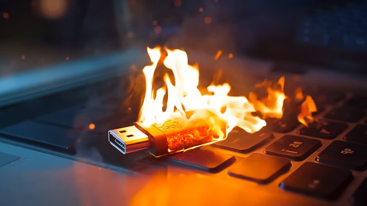 una unidad flash usb en llamas sentada en la parte superior de un teclado de portátil