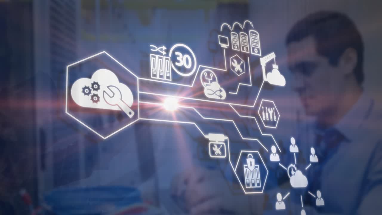 animación de una red de iconos digitales y punto de luz sobre un hombre biracial usando una computadora portátil en la oficina.