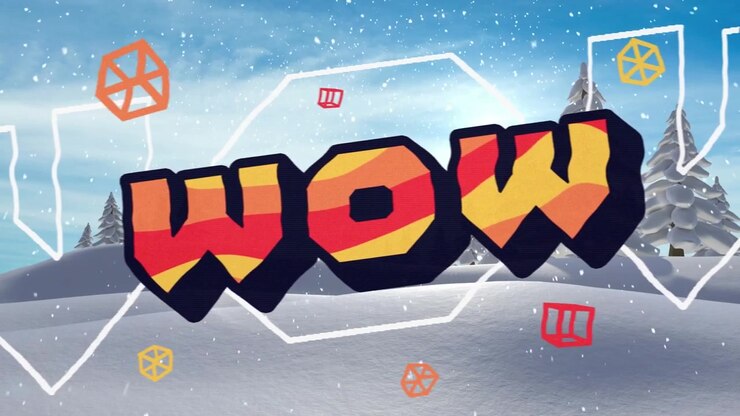 Animation of wow text over snow falling