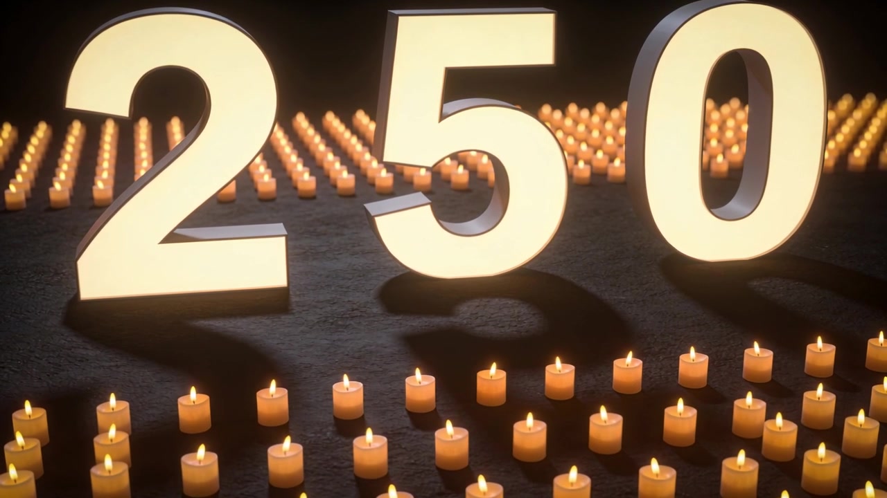 Candele votive tremolanti che creano ombre morbide e in movimento su un palco di studio con i numeri 250.
