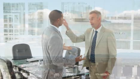animation of diverse coworkers discussing in office over aerial view of cityscape in background