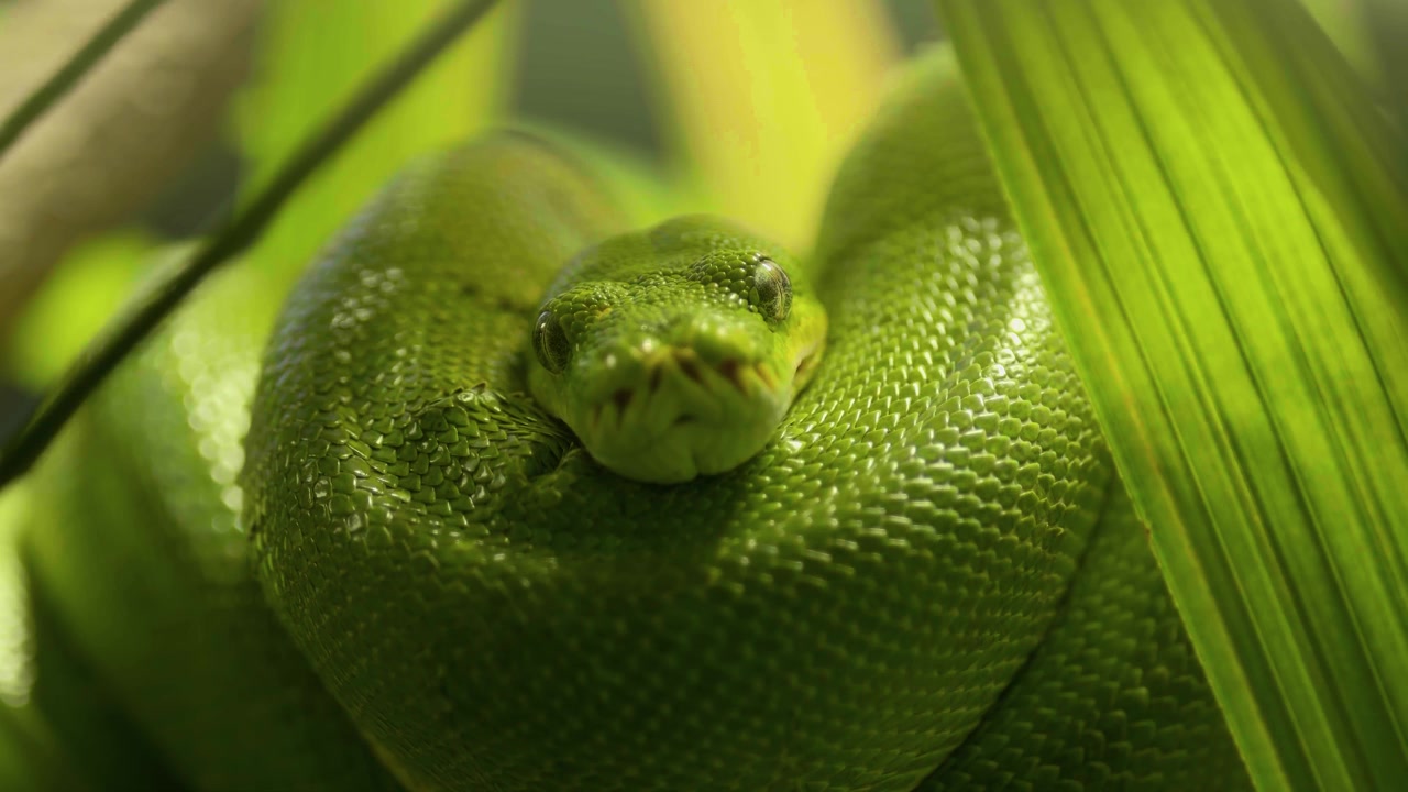 Un plan faunique cinématographique à couper le souffle en plan moyen rapproché, capturant un magnifique python vert émeraude étroitement enroulé le long d'une vigne délicate au milieu d'un feuillage luxuriant de forêt tropicale.