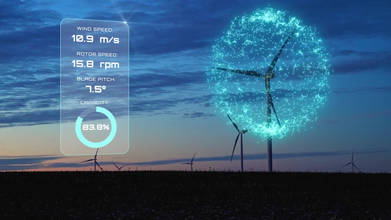Smart wind turbine monitoring system with digital twin overlay hud at dusk