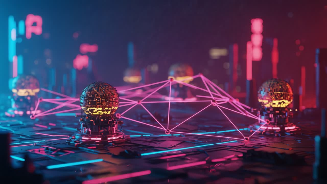Futuristic Data Network Visualization with Illuminated Spheres and Neon Connections in a High-Tech Environment