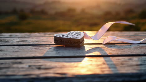 heart-shaped gift box with ribbon at golden hour on a wooden table