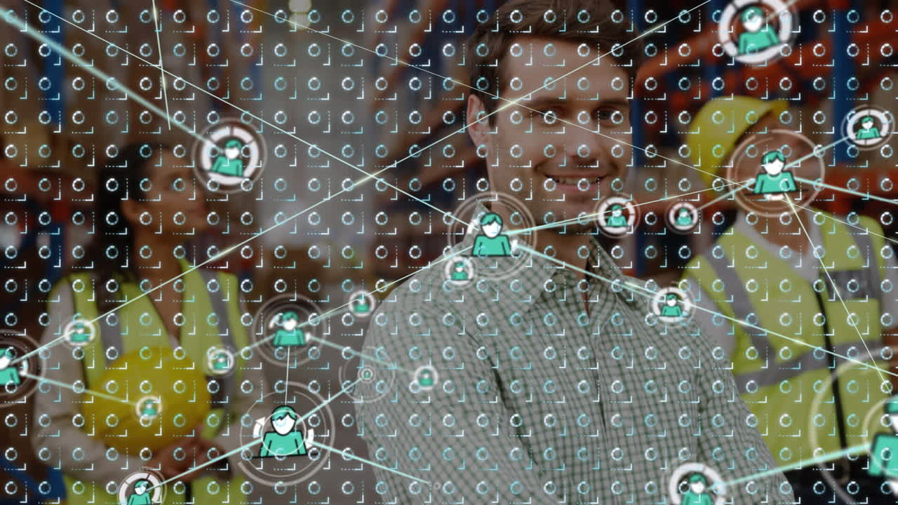 Animation of network of connections over rows of moving pattern and man working in warehouse