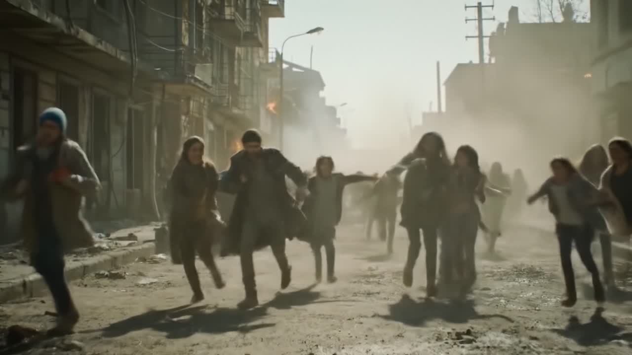 A Chaotic Escape: A Group of People Running Frantically Through a Dusty Urban Street Amidst a Distressing Scenario of Panic and Uncertainty