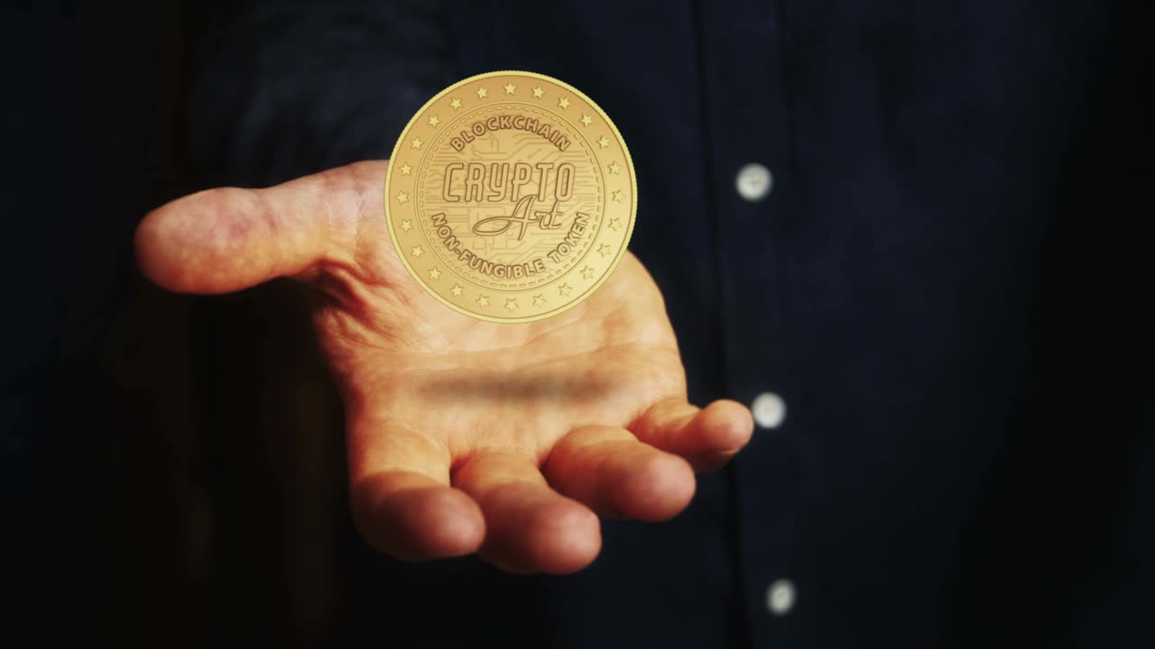 nft arte criptográfico moneda de oro 3d en la mano
