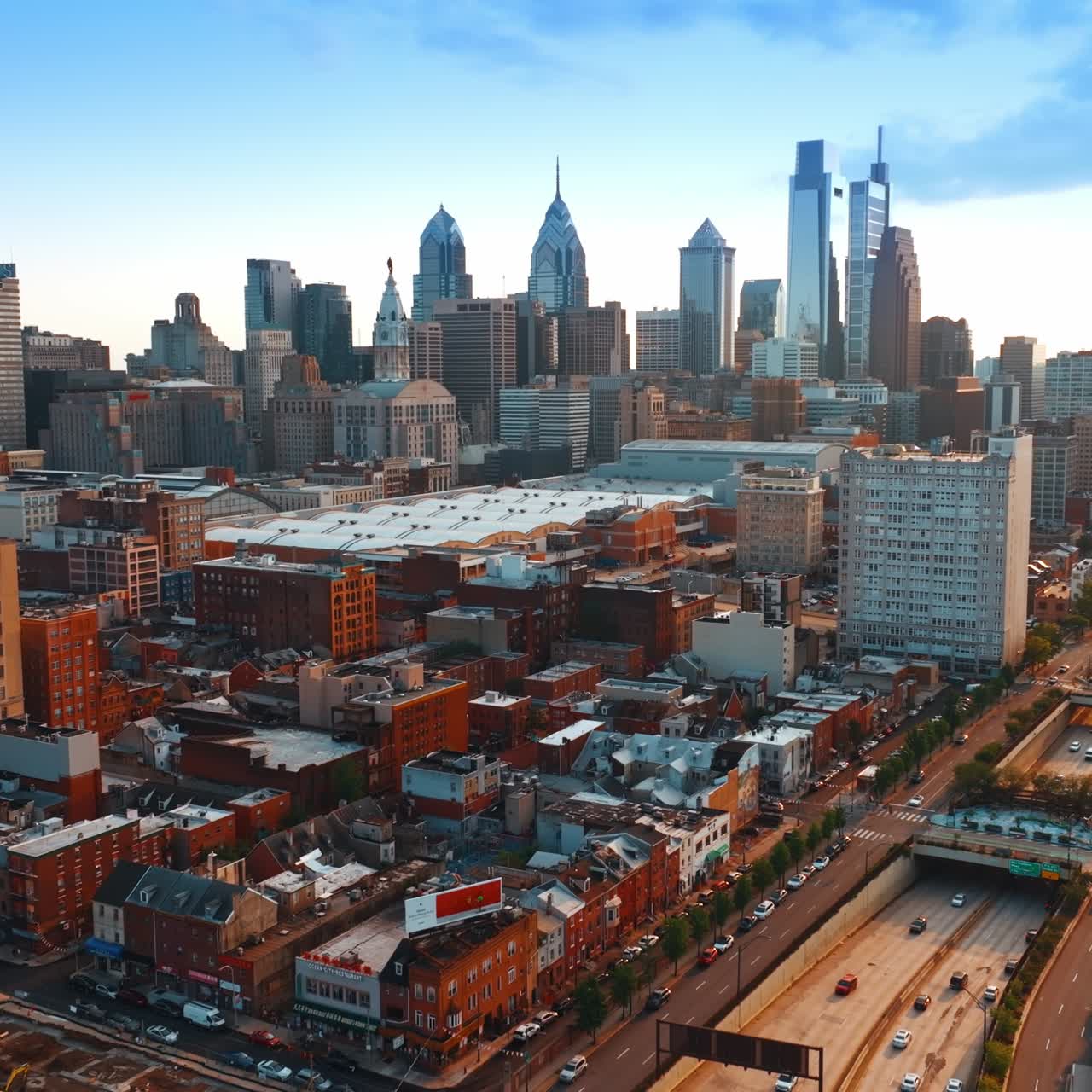 Philadelphia Vine Street Expressway view in the rays of setting sun. Colorful panorama of the city from air
