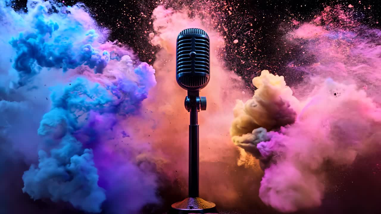 A microphone is in the middle of a colorful explosion. The microphone is black and the explosion is pink, purple, and blue