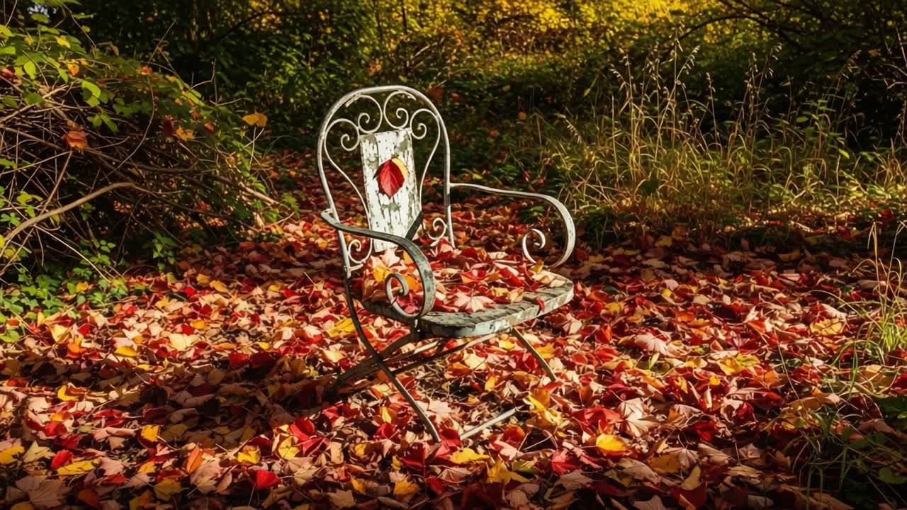 An Enchanted Autumnal Scene Featuring a Vintage Chair Nestled Amongst a Colorful Carpet of Fallen Leaves in a Serene Natural Setting