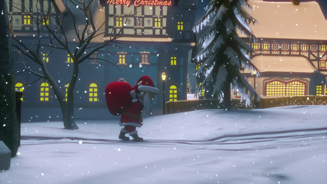 santa claus lleva una bolsa con regalos. feliz navidad y feliz año nuevo 2022 animación. vista de una pequeña ciudad o pueblo en una noche de invierno en navidad