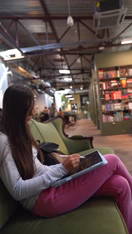 woman working on a tablet in a co-working space with bookshelves