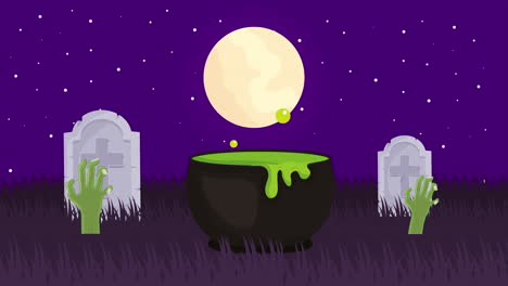 halloween dark scene with cauldron in cemetery