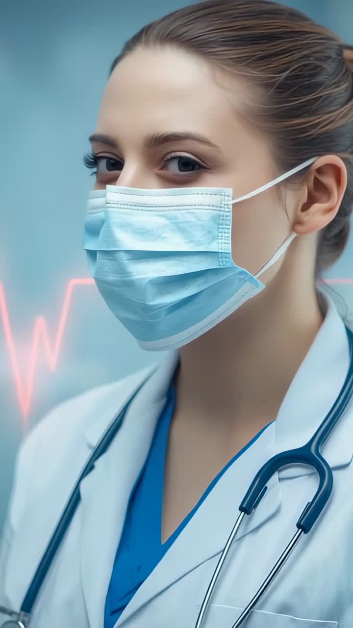 Vertical video: Reviewing chart masked doctor gazing at camera at clinic with ECG wave to reassure