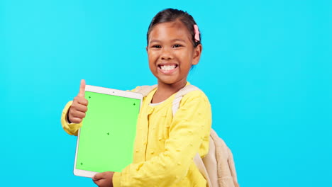 Happy-girl,-thumbs-up-and-tablet-on-green-screen